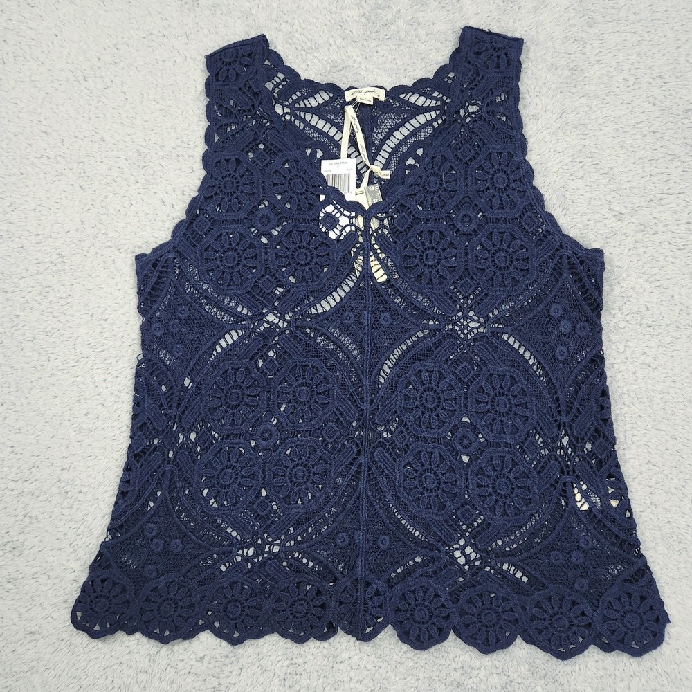 Ultra Pink Tank Top Womens Small Navy Blue Crochet V Neck Cotton Sleeveless NEW